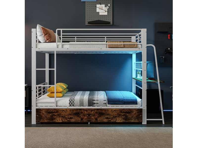 Lit superposé 140x200 cm en métal blanc et mdf avec bureau, led, prises usb et type-c, 2 tiroirs, sans matelas - Conforama E