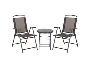 Ensemble de jardin 3 pièces comprenant 2 chaises (53,5 x 64 x 93 cm) et une table basse (ø 45 x 50 cm), en métal marron.