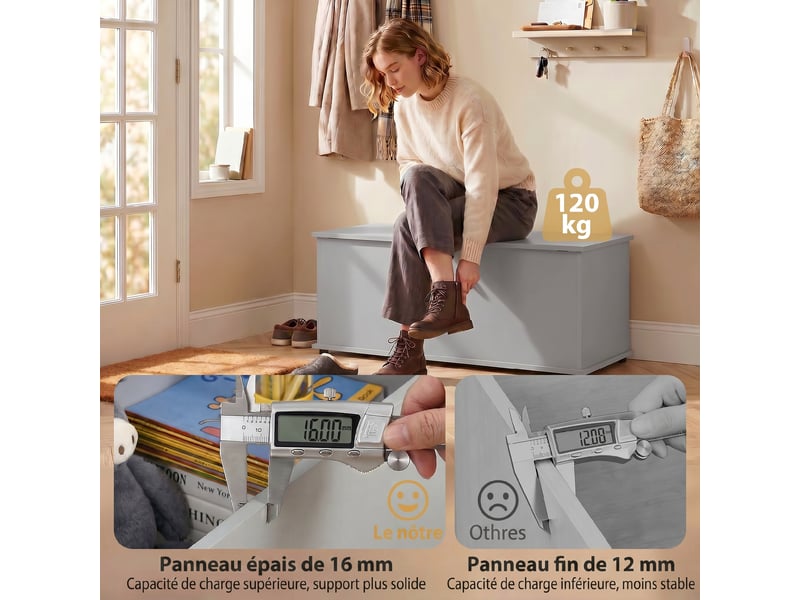 Coffre de rangement, banc de rangement avec couvercle rabattable et charnières de sécurité, gris, 100 x 40 x 40 cm - Conforama R