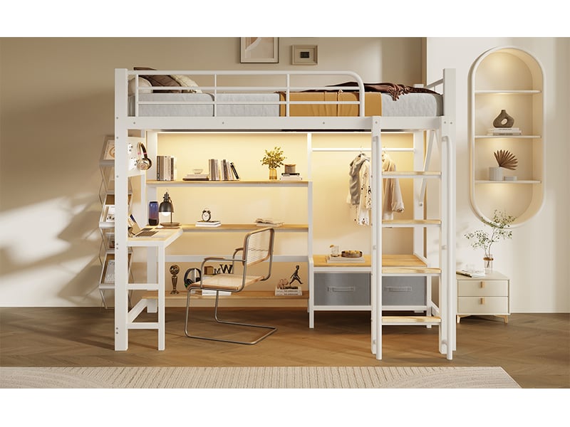  Lit mezzanine 90x200 cm blanc, cadre en métal, bureau, étagères, tiroirs en tissu, led, port usb, garde-corps  - Conforama B