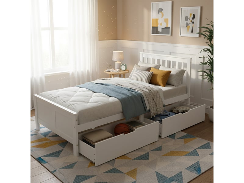  Lit simple 90x200cm avec tiroirs de rangement, cadre en pin blanc, lit en bois pour adolescents et adultes avec tiroirs de rangement  - Conforama D