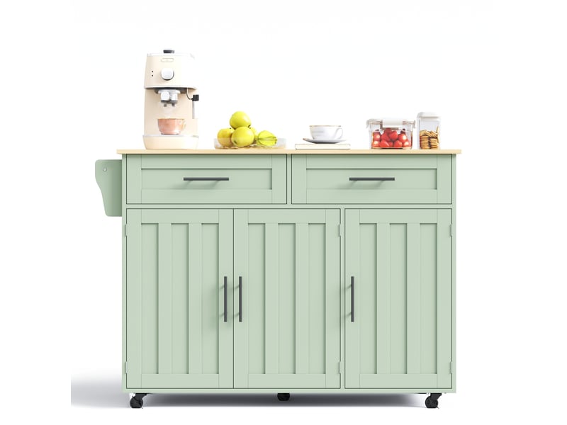  Îlot de cuisine mobile 129 × 46(71) × 91,5 cm vert, mdf, plateau rabattable en bois massif, tiroirs et roulettes  - Conforama A