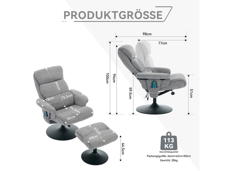 Fauteuil relax électrique tissu gris avec repose-pieds fauteuil relax gris - Conforama C