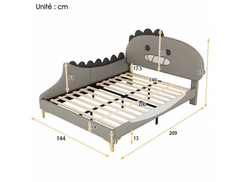  Lit enfant, lit double avec tête de dinosaure, revêtement pu gris et 12 lattes, 140x200 cm, sans matelas  - Conforama D
