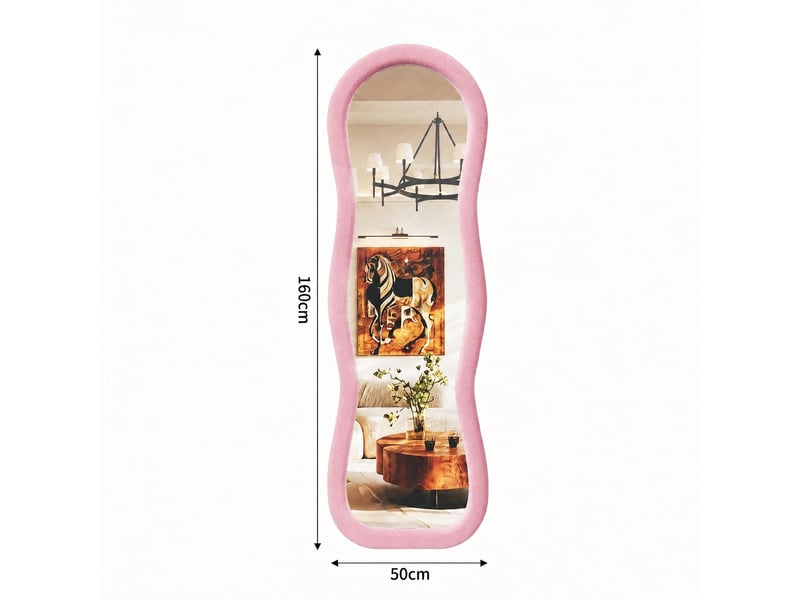  Miroir de sol ondulé 160x50 cm, cadre velours doux style scandinave, pour chambre et salon, avec pied u, verre trempé sécurisé, rose  - Conforama E