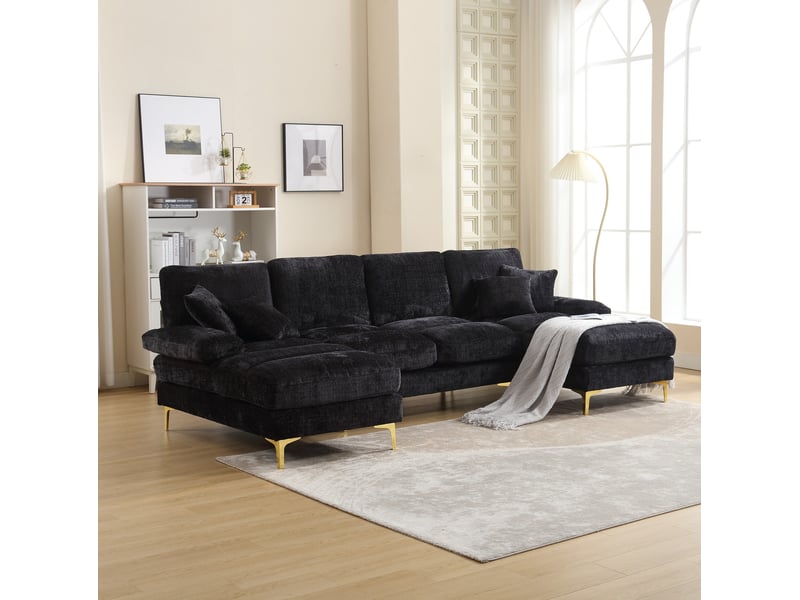 Canapé panoramique en u 4 places avec deux méridiennes et pieds en métal doré, en tissu noir, 272 × 136 × 88 cm - Conforama D