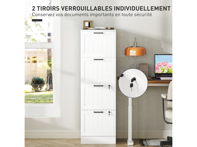  Caisson bureau, meuble rangement bois 4 tiroirs et serrure, barres de suspension réglables, blanc, 40 x 40 x 131 cm  - Conforama R