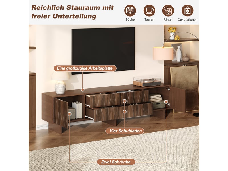 Meuble tv couleur noyer, meuble télévision jusqu'à 75 pouces, design ondulé et rangement fermé pour salon contemporain - Conforama R