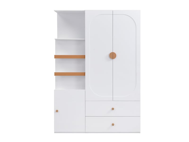 Armoire blanc et bois naturel avec penderie, tiroirs et étagères ouvertes - Conforama A
