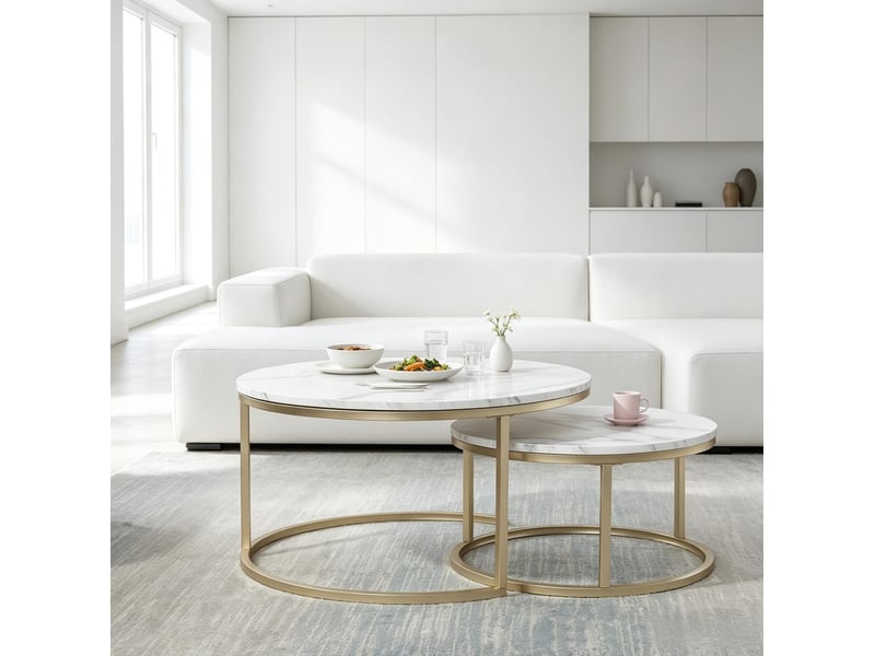  Tables basses tcqpz gigognes rondes 80 et 60 cm mdf effet marbre blanc  - Conforama D