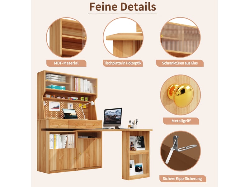 Buffet de cuisine haut 177.7x74x137 cm, capacité de charge 60 kg, rangement modulaire avec étagères ajustables - Conforama E