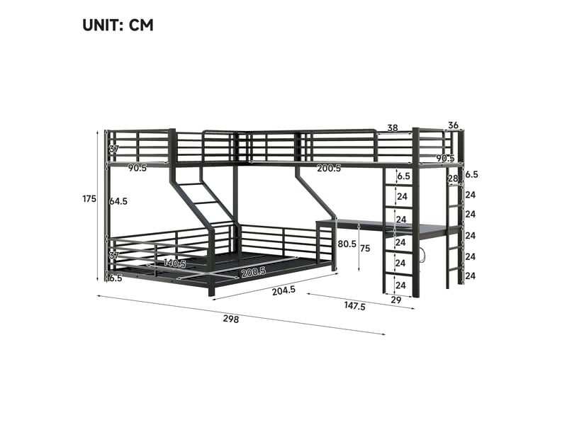  Lit superposé métal 90x200 cm et 140x200 cm - trois couchages - cadre en métal - bureau intégré - prises usb et type-c - sans matelas - mdf - noir CozyNest - Conforama C