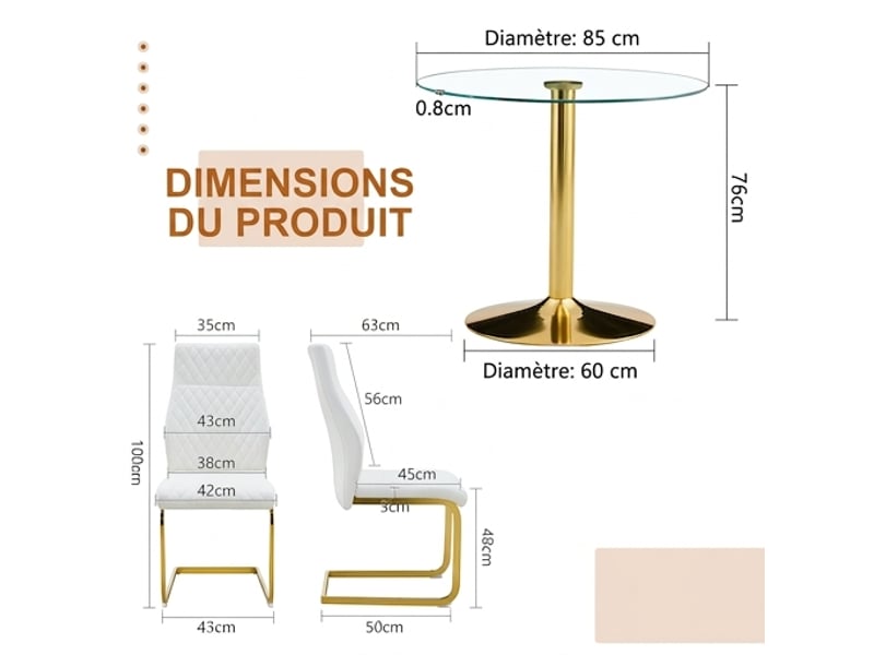  Ensemble table ronde ø85 cm et 2 chaises, verre trempé, pieds dorés et assises blanches  - Conforama C