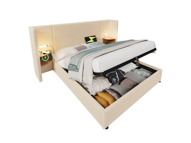  Lit coffre double 160x200 cm avec sommier, tête de lit étagère, liseuse led et ports usb, velours côtelé, beige et blanc  - Conforama A
