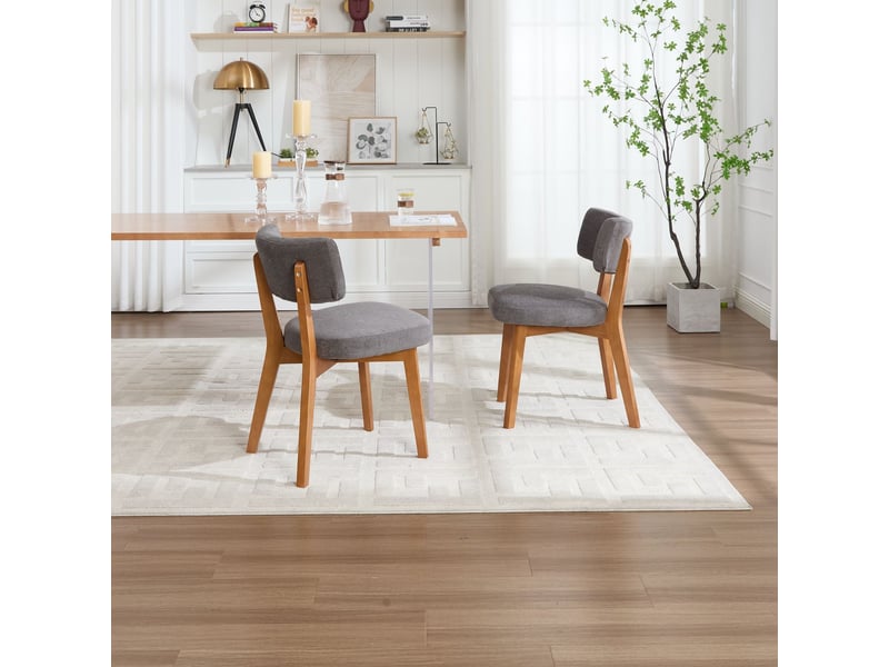  Chaise de salle à manger 2 pièces style mid-century moderne pieds en bois massif assise rembourrée en tissu lin gris  - Conforama B