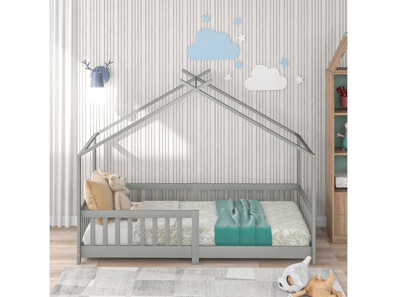  Lit cabane enfant 200x90 cm en bois massif avec barrières et rangement sous le lit, matelas non précisé  - Conforama B