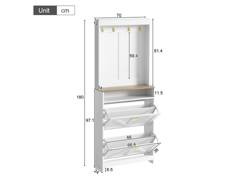  Meuble à chaussures led avec 2 abattants et crochets pour entrée, en panneaux de particules blanc, 70 × 24 × 180 cm  - Conforama D