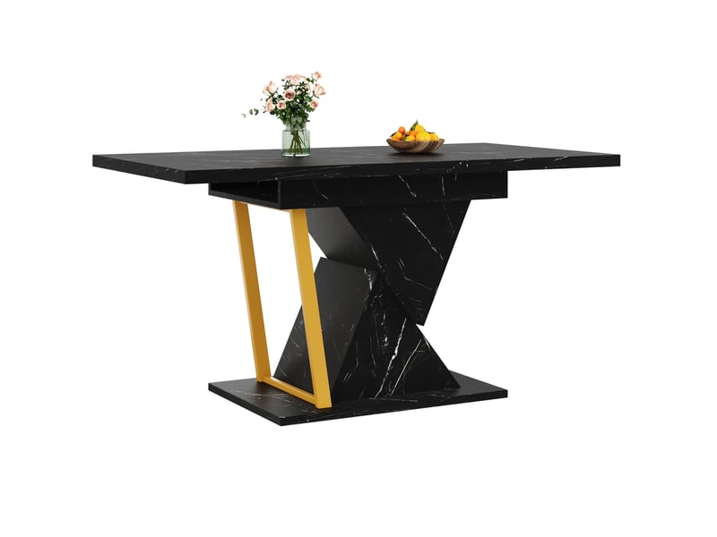  Table à manger extensible 110-140x80x76 cm, plateau à l'aspect marbre (matériau non marbré), rallonge intégrée, couleur noir, en mdf et structure métallique  - Conforama A