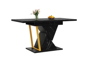 Table à manger extensible 110-140x80x76 cm, plateau à l'aspect marbre (matériau non marbré), rallonge intégrée, couleur noir, en mdf et structure métallique