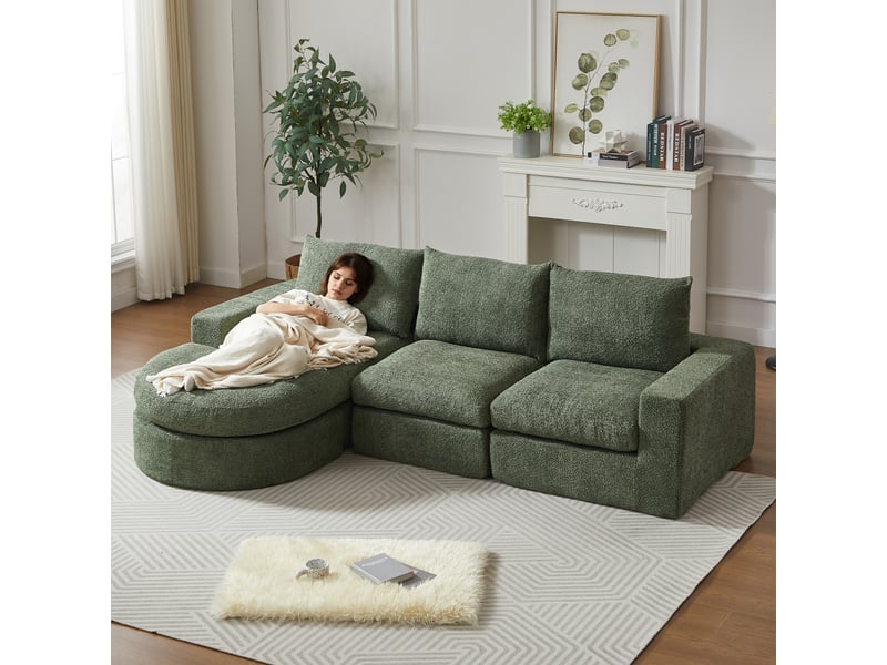  Canapé d’angle modulable 251x160x81 cm en chenille, méridienne réversible, mousse haute densité, 3 coussins, sans montage - vert  - Conforama D