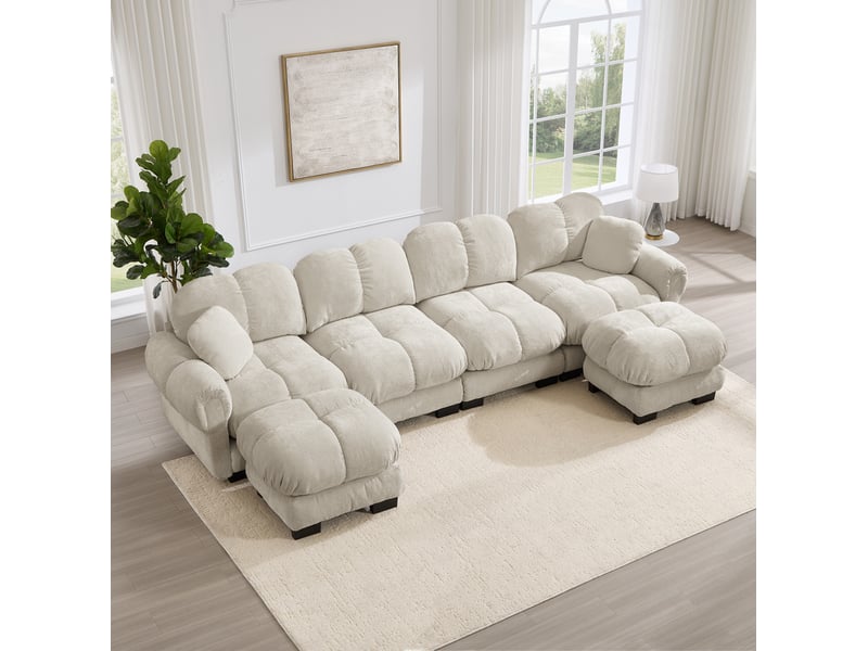  Canapé d’angle u 330x149x90 cm 4 places, 2 poufs mobiles, couleur capitonnée, coussins moelleux, tissu chenille kaki clair  - Conforama D