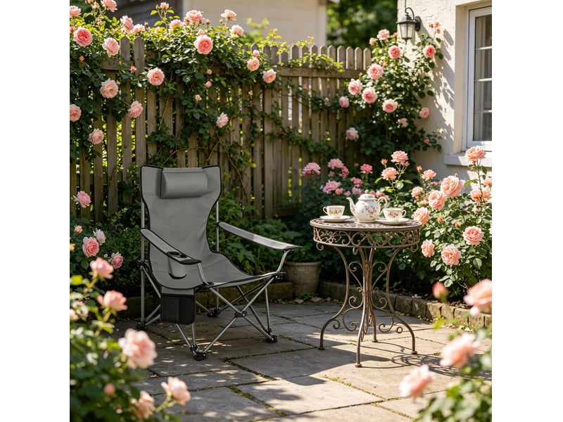  Fauteuil de camping pliant gris avec repose-pieds extensible, dossier réglable et sac de transport inclus  - Conforama E