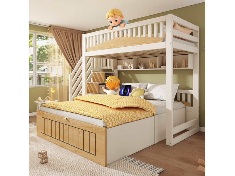 Lit superposé décalé 90x200 et 140x200 cm avec rangement blanc et naturel - Conforama D