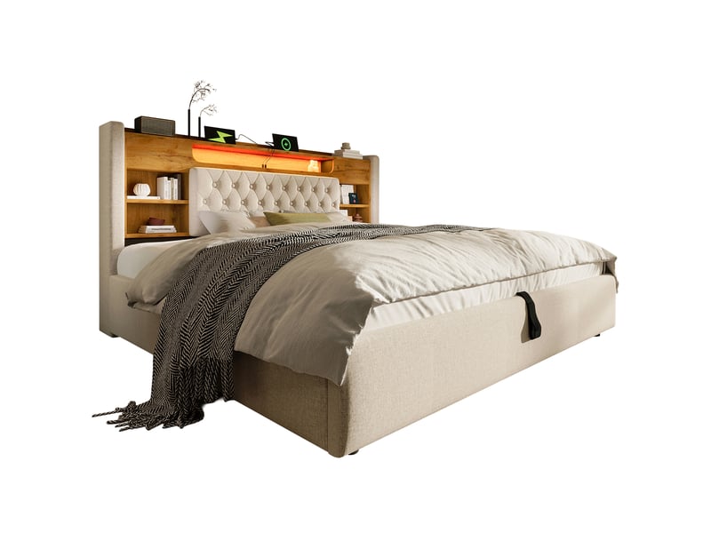 Lit coffre 160 × 200 cm 2 places avec led, usb, type-c et étagères, sans matelas, en tissu beige - Conforama A