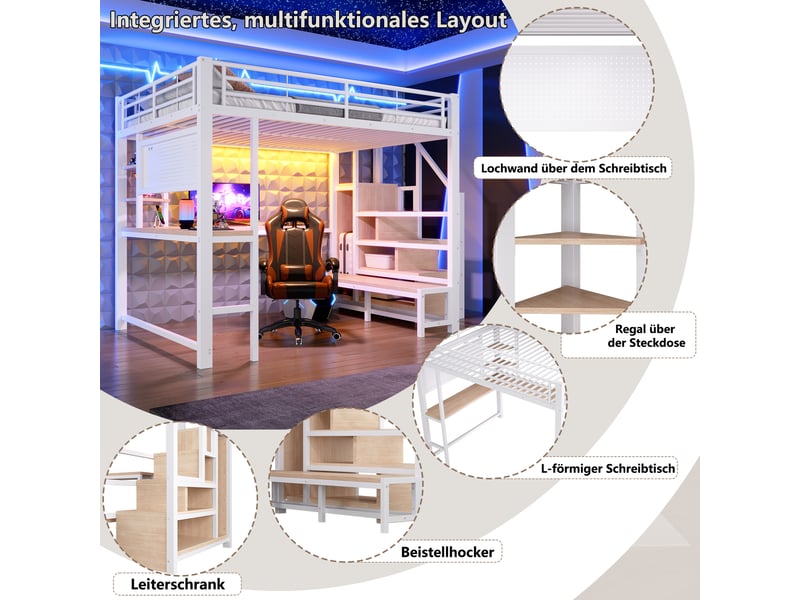  Lit mezzanine, 140 × 200 cm, blanc, bureau, led, usb + type-c, armoire-échelle, panneau perforé, étagères, sans matelas  - Conforama C