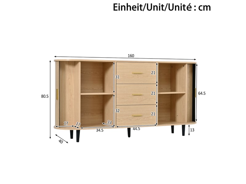  Buffet 160 cm avec 3 tiroirs et portes coulissantes en mdf, coloris naturel  - Conforama E