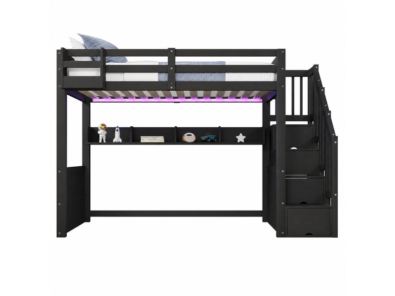  Lit mezzanine enfant 90x200 cm 253x95x170 cm, led, escalier rangement, pin mdf contreplaqué, noir sans matelas  - Conforama A