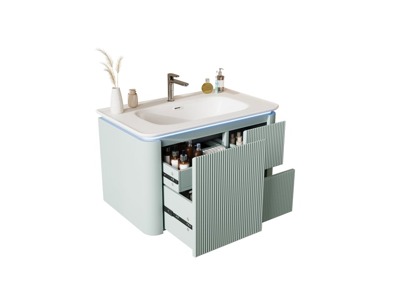  Meuble vasque mural 80,5x47,5x51 cm, led à détection, meuble de salle de bain avec tiroirs, style moderne, mdf vert  - Conforama A