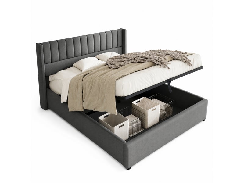  Lit coffre 160x200cm,lit double hydraulique, lit adulte avec sommier à lattes, lin, gris (avec matelas)  - Conforama A