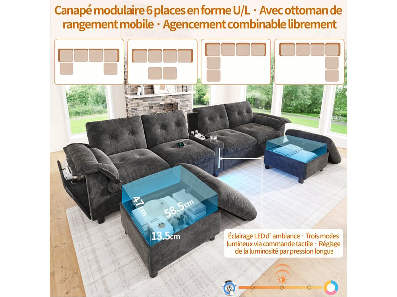 Canapé panoramique modulable 6 places en chenille gris, configuration ul avec 2 poufs de rangement, console centrale, led, usbtype-c, 312 x 142 x 82 cm  - Conforama E