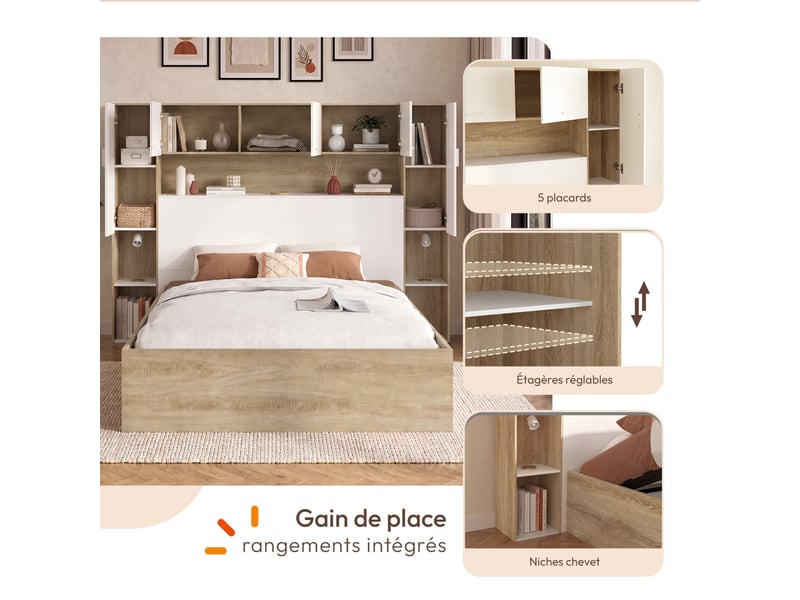  Lit pont coffre double bridget armoire avec rangements et sommier 140 x 190 cm bois et blanc  - Conforama C