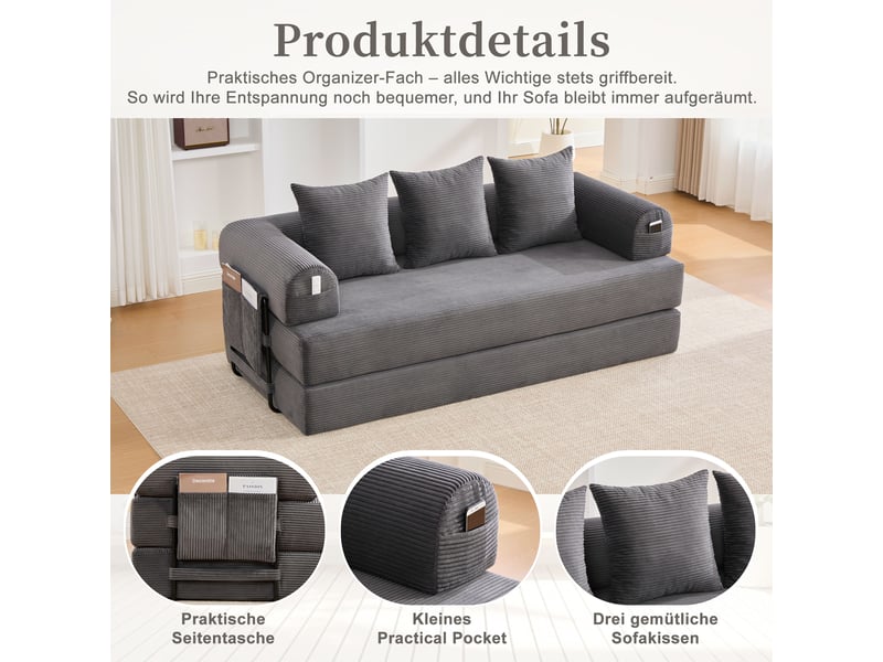  Canapé d'angle 2 places en velours côtelé gris foncé avec rangement latéral et 3 coussins inclus  - Conforama D