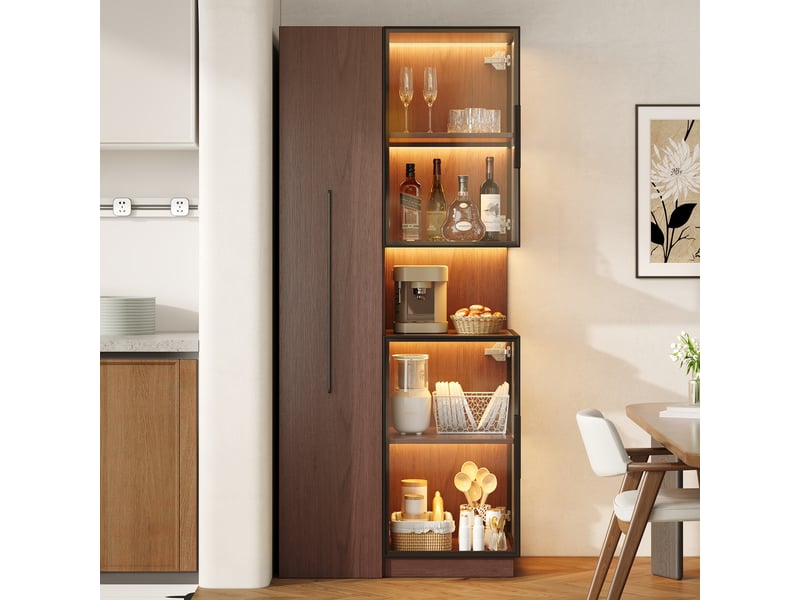  Vitrine armoire led verre 70x38x160cm meuble de rangement buffet haut avec éclairage led 5 portes pour salon cuisine - noyer  - Conforama D