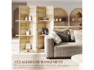 Paravent intérieur en bois 4 panneaux 160 x 170 cm, bois naturel, séparateur de pièce pliable avec 3 étagères