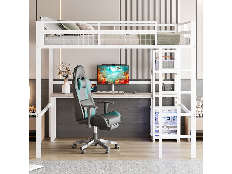  Lit mezzanine enfant 140x200 cm, bureau, étagère, charge, garde-corps, sommier, métal blanc, sans matelas  - Conforama B