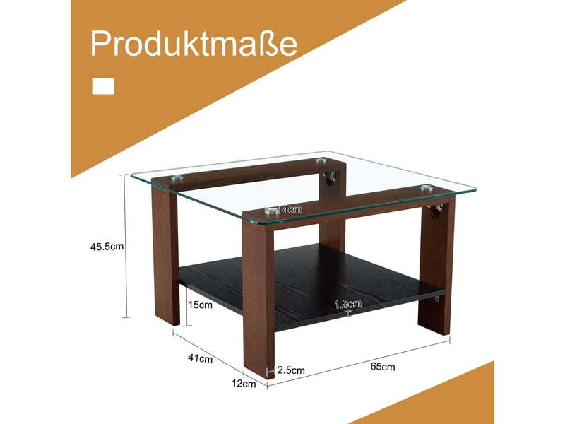  Table basse avec rangement 65 x 41 x 45 cm table de salon moderne en verre trempé rangement intégré pieds en bois de noyer usage contemporain adaptée au bureau à domicile adaptée aux petits espaces  - Conforama C