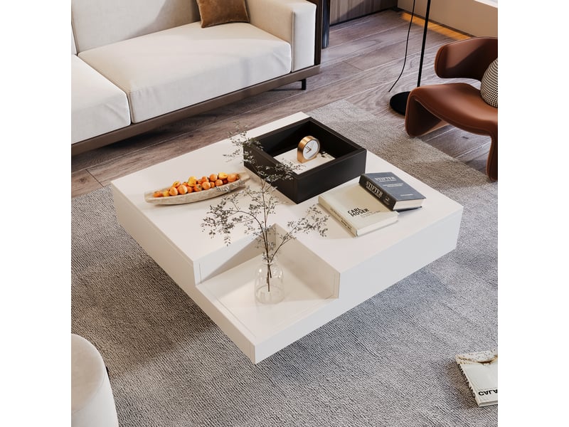  Table basse avec boîte de rangement amovible et led, finition brillante, pour salon, en panneaux de particules, 72 × 72 × 30 cm - uvrion  - Conforama D