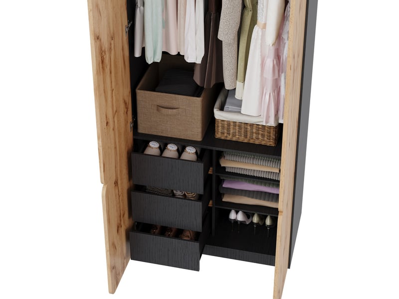  Armoire à portes battantes, 180 x 50 x 200 cm, avec 8 portes, 2 tringles et 6 tiroirs, finition chêne  - Conforama E