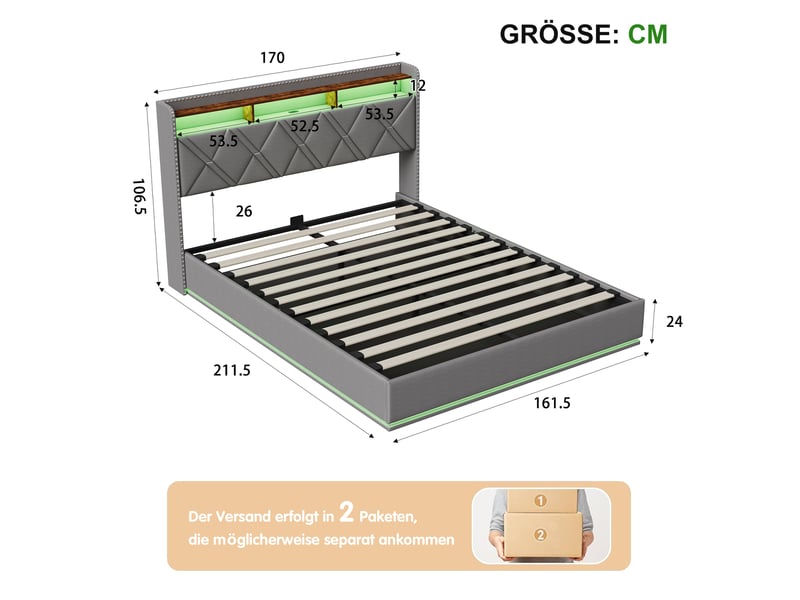  Lit coffre 160x200 cm - lit double 160x200 avec sommier - tête de lit escamotable avec led rgb et usbc - en lin gris  - Conforama E
