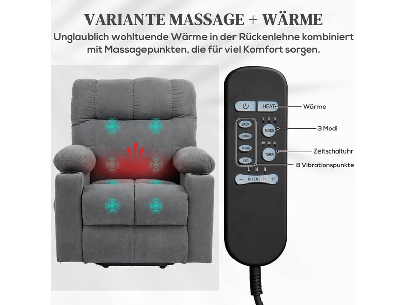  Fauteuil releveur électrique gris, massage et chaleur lombaire, inclinable à 135 degrés, pour salon et séjour  - Conforama D