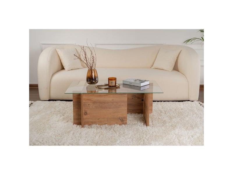  Table basse de salon en verre trempé et bois mdf mélaminé pin atlantique 105 x 65 x 40 cm  - Conforama D