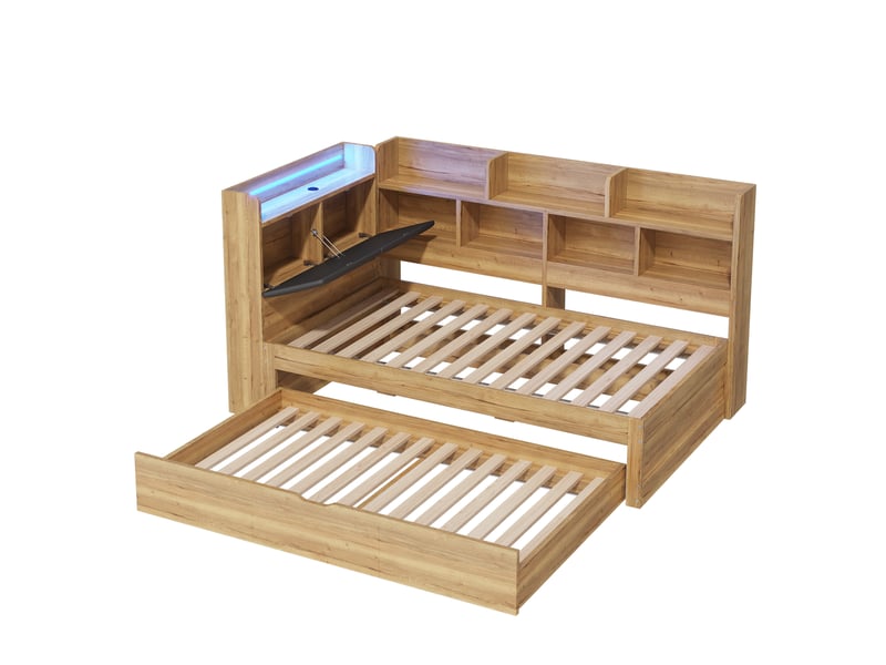  Lit enfant multifonction 90x200 cm en bois naturel avec led, usb, lit gigogne 90x190 cm et étagères  - Conforama A