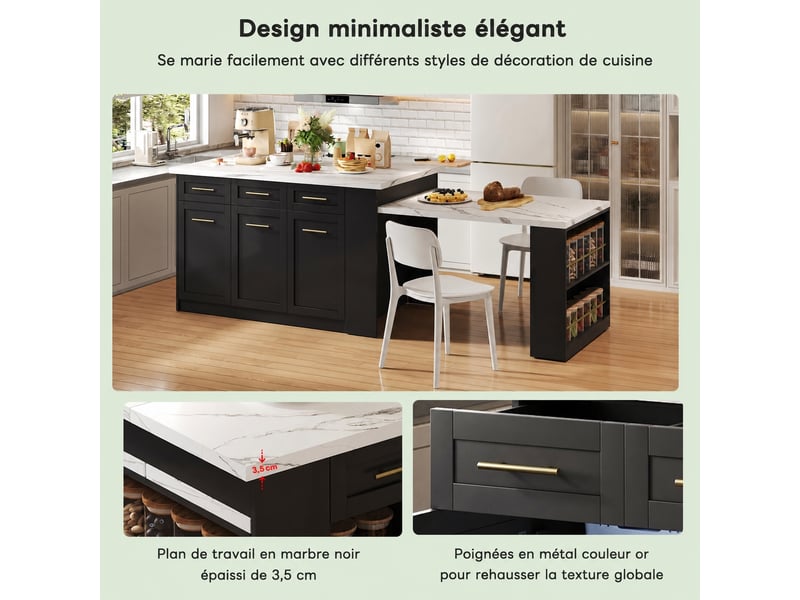  Îlot de cuisine avec table escamotable muvano, noir et effet marbre blanc, 150 × 90 × 90 cm  - Conforama W