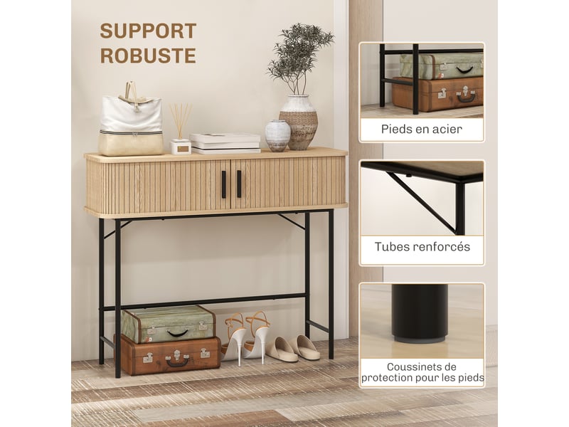  Console meuble, table console avec portes coulissantes à lattes et pieds en acier, chêne et noir, pour salon  - Conforama W