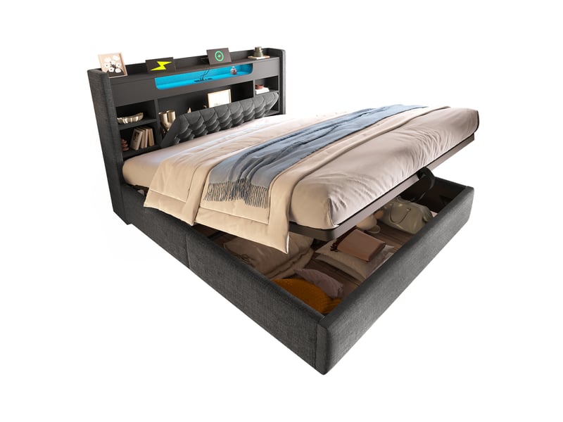  Lit coffre 140x190 cm, lit double, rangement hydraulique, étagères, led, lin gris, usb et usb-c  - Conforama D
