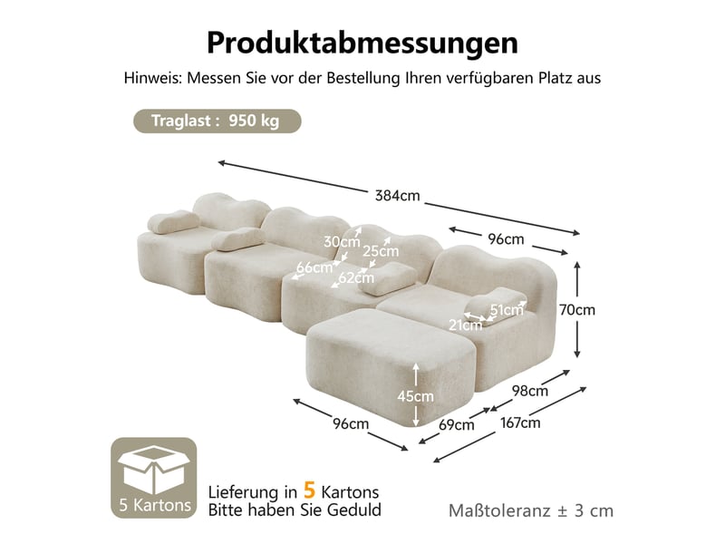  Canapé 4 places avec pouf - 384x167x70 cm - canapé d'angle modulable velours mousse 32d sans structure rigide 950kg - beige  - Conforama E